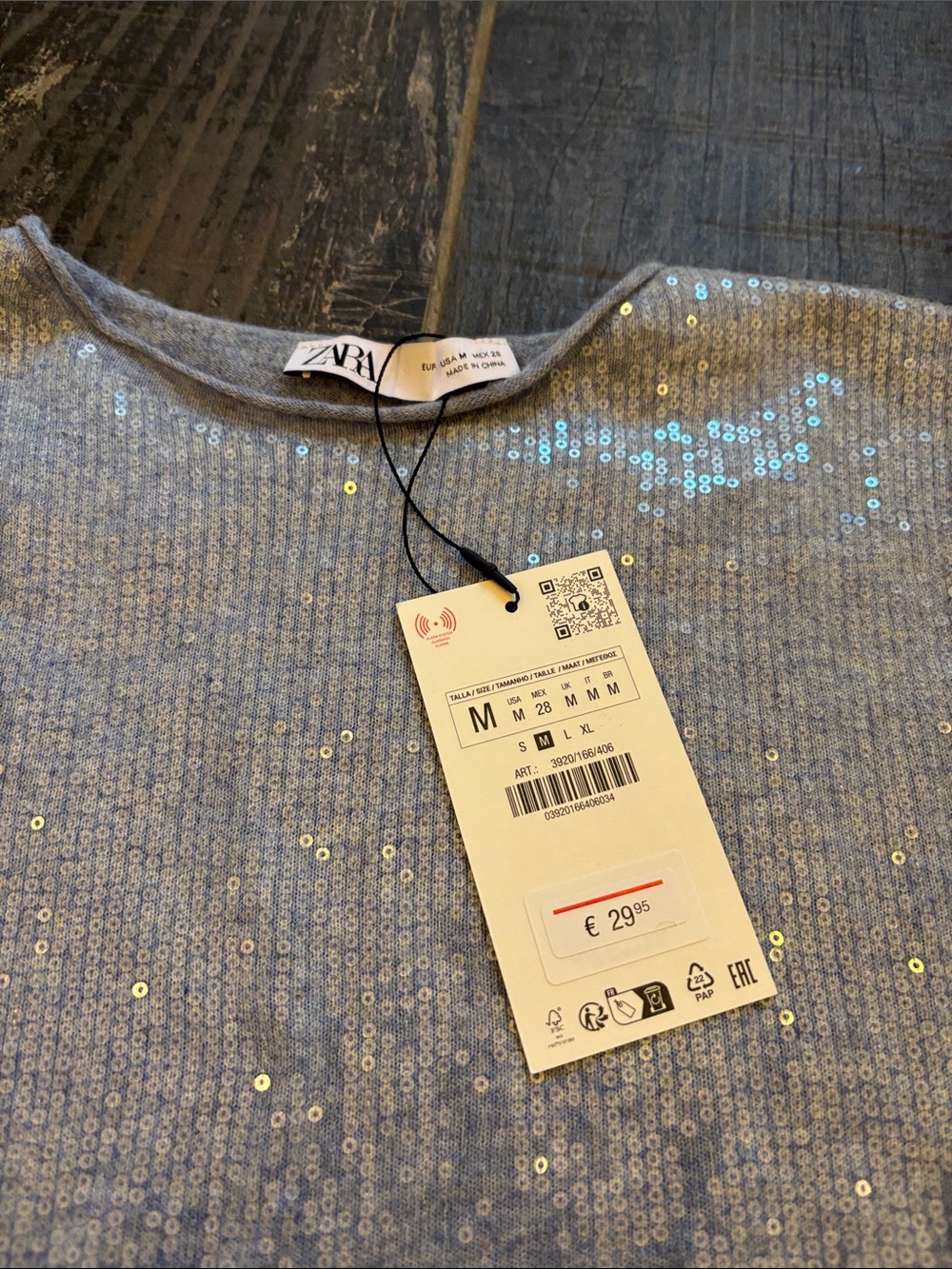 ZARA Womens Light Blue Sequin Short Sleeve Tee - Picture 2 of 2